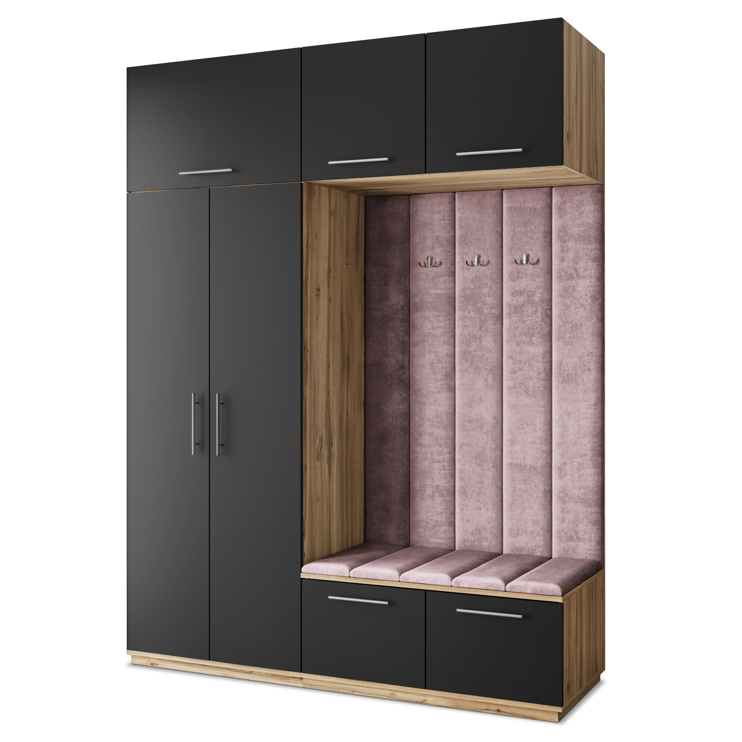 Masseno Garderobenschrank Eiche Wotan, Schwarz, Lila 180x240x60 cm