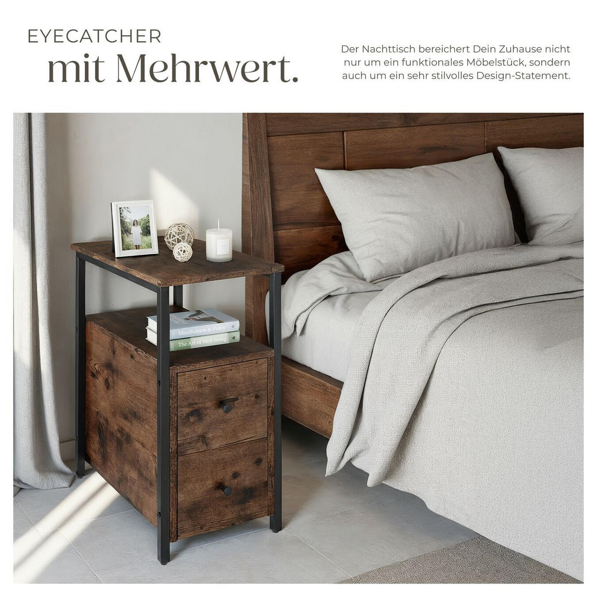 NACHTSCHRANK Tullamore, 30 x 49,5 x 61,5 cm, Industrial Holz dunkel, rustikal - Rostfarben, Holzwerkstoff (30/61.5/49.5cm) - tectake