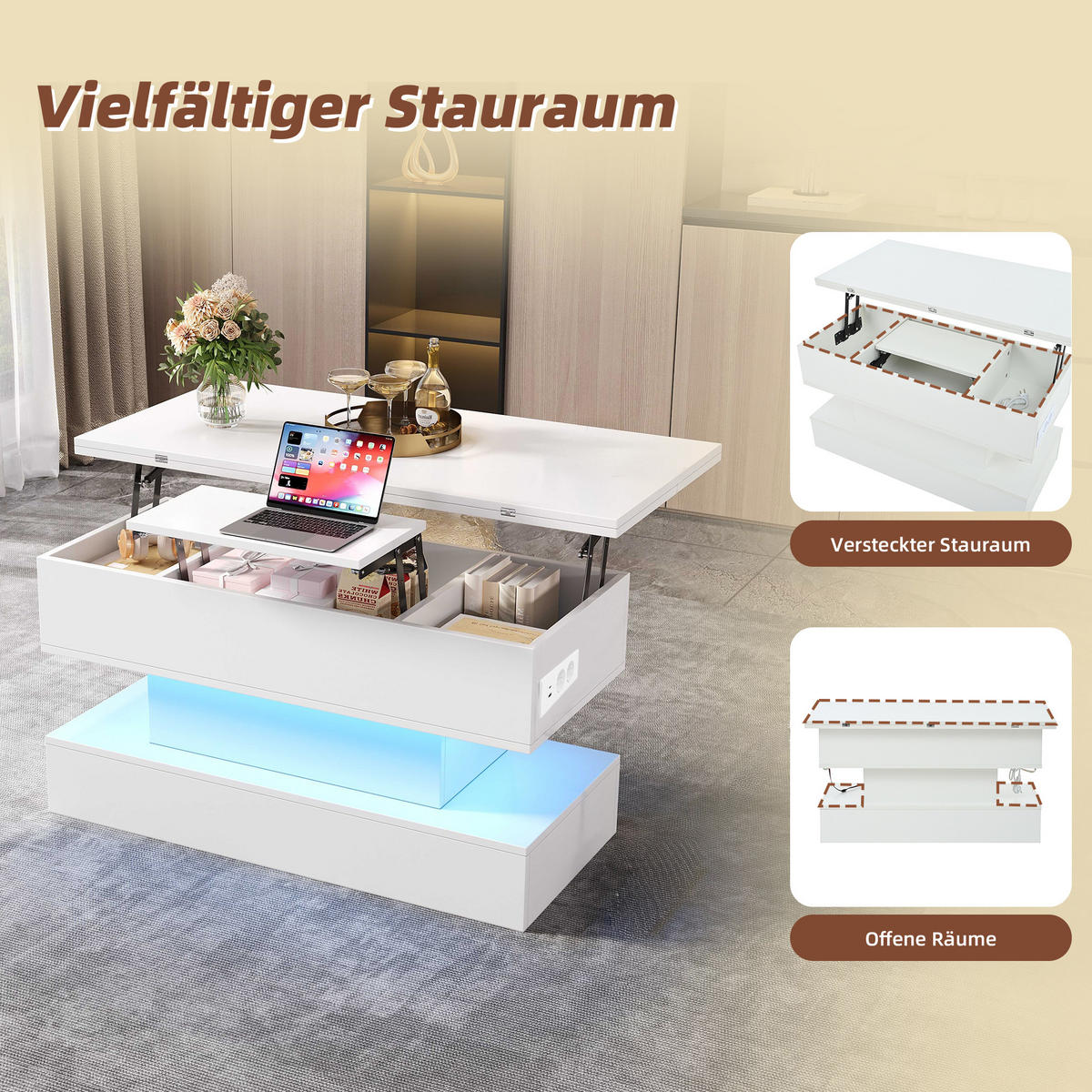 COUCHTISCH 100/50/51.5 cm ausziehbar LED App Steckdose USB C Stauraum Weiß Spanplatte 30 kg modern - Weiß, Holzwerkstoff/Metall (100/50/51cm) - EVRYAE