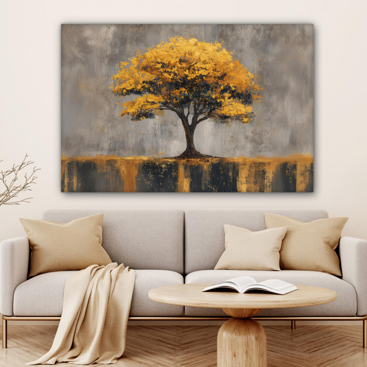 LEINWANDBILD Baum - Blätter - Gold - Abstrakt Wohnzimmer Groß 120x80 cm - Grau, Textil (120/80cm) - MuchoWow