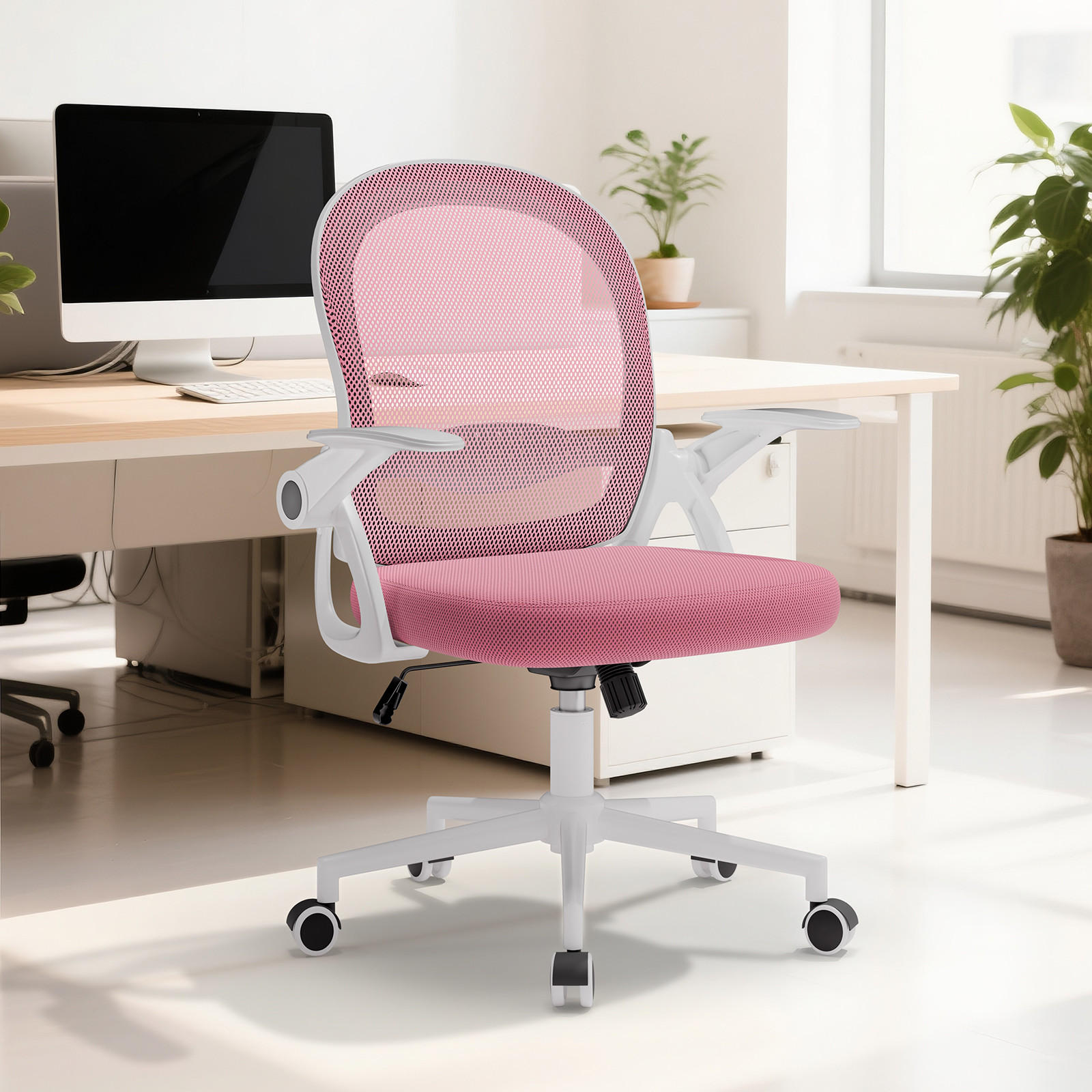 BÜROSTUHL Weiß-Pink ergonomisch mit Mesh Rückenlehne - Pink, Metall (25/53/56cm) - Rattrix