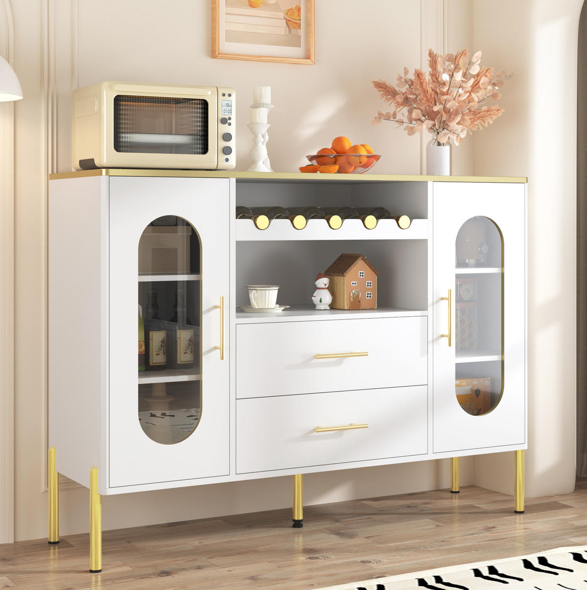 SIDEBOARD 120/38/90 cm mit Glastüren, Schubladen & Weinregal in Weiß - Weiß, Holzwerkstoff (120/90/38cm) - BEAOK
