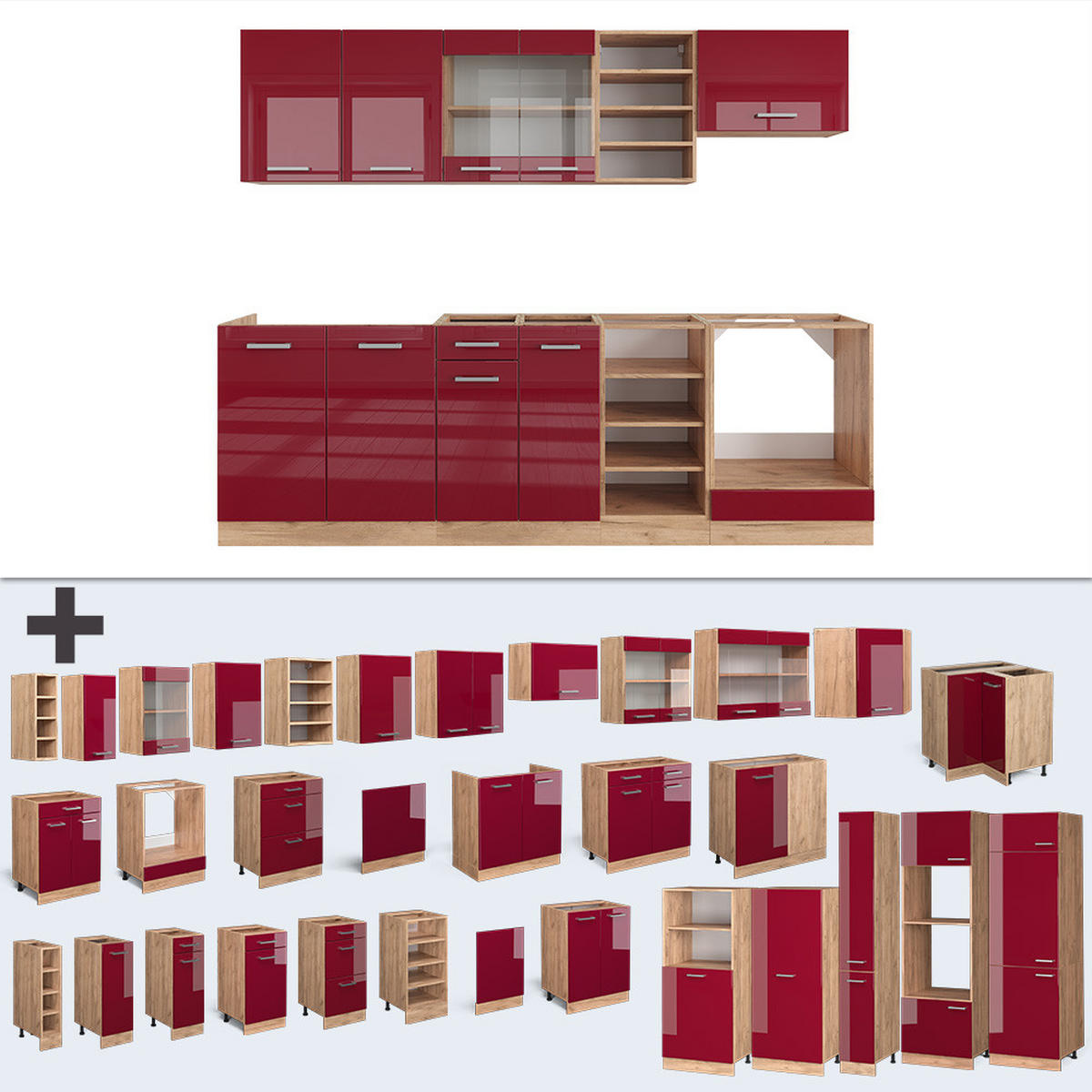 KÜCHENZEILE R-Line Rot Hochglanz/Goldkraft Eiche 240 cm ohne Arbeitsplatte - Rot/Eiche Wotan, Holzwerkstoff (240/81.6/46cm) - Vicco