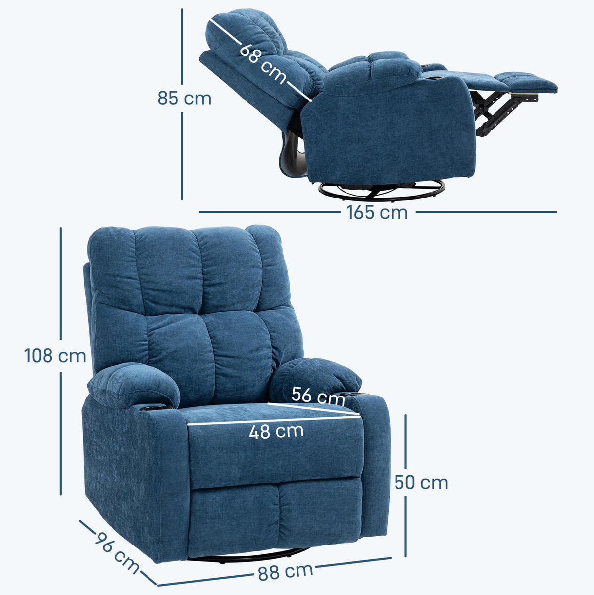 RELAXSESSEL in Blau 96x88x108 cm mit Liege-, Dreh- und Schaukelfunktion - Blau, Textil (88/108/96cm) - IVMEU