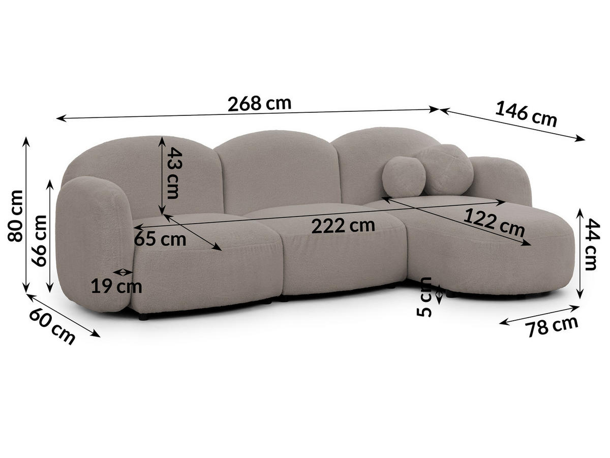 ECKSOFA Nuvola mit abgerundetem Design Hellgrau Bouclé-Stoff - Ottomane Rechts - Hellgrau/Schwarz, Holz/Kunststoff (268/146cm) - S-Style Möbel