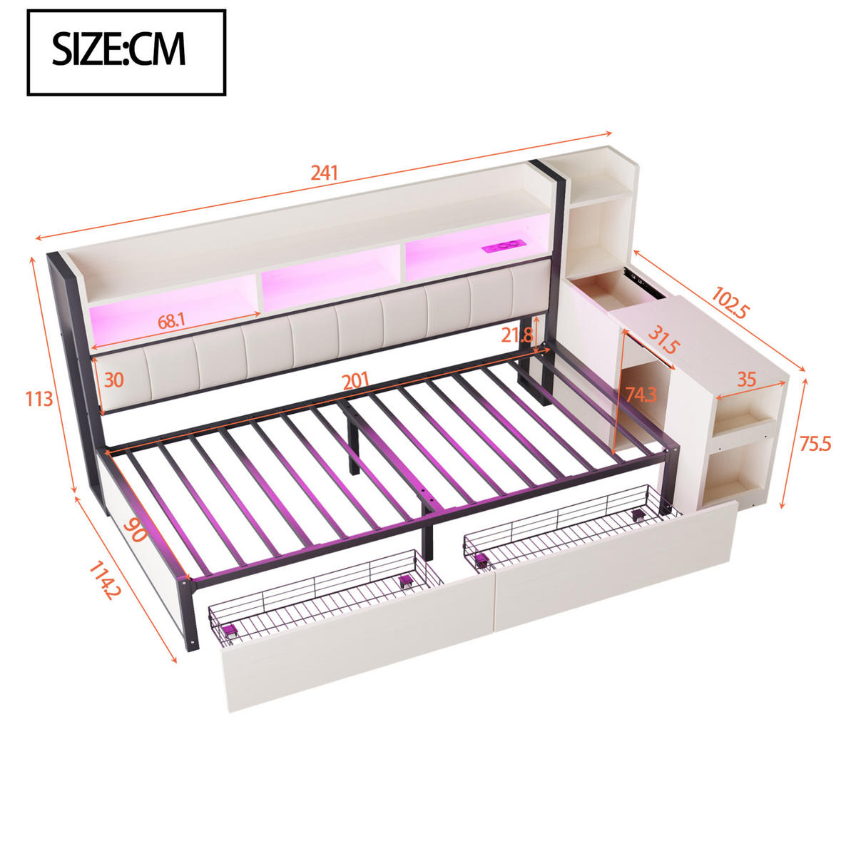 BETT 90/200 cm in Weiß mit Schreibtisch, Stauraum und Steckdosen - Weiß, Metall (90/200cm) - Flora Grace