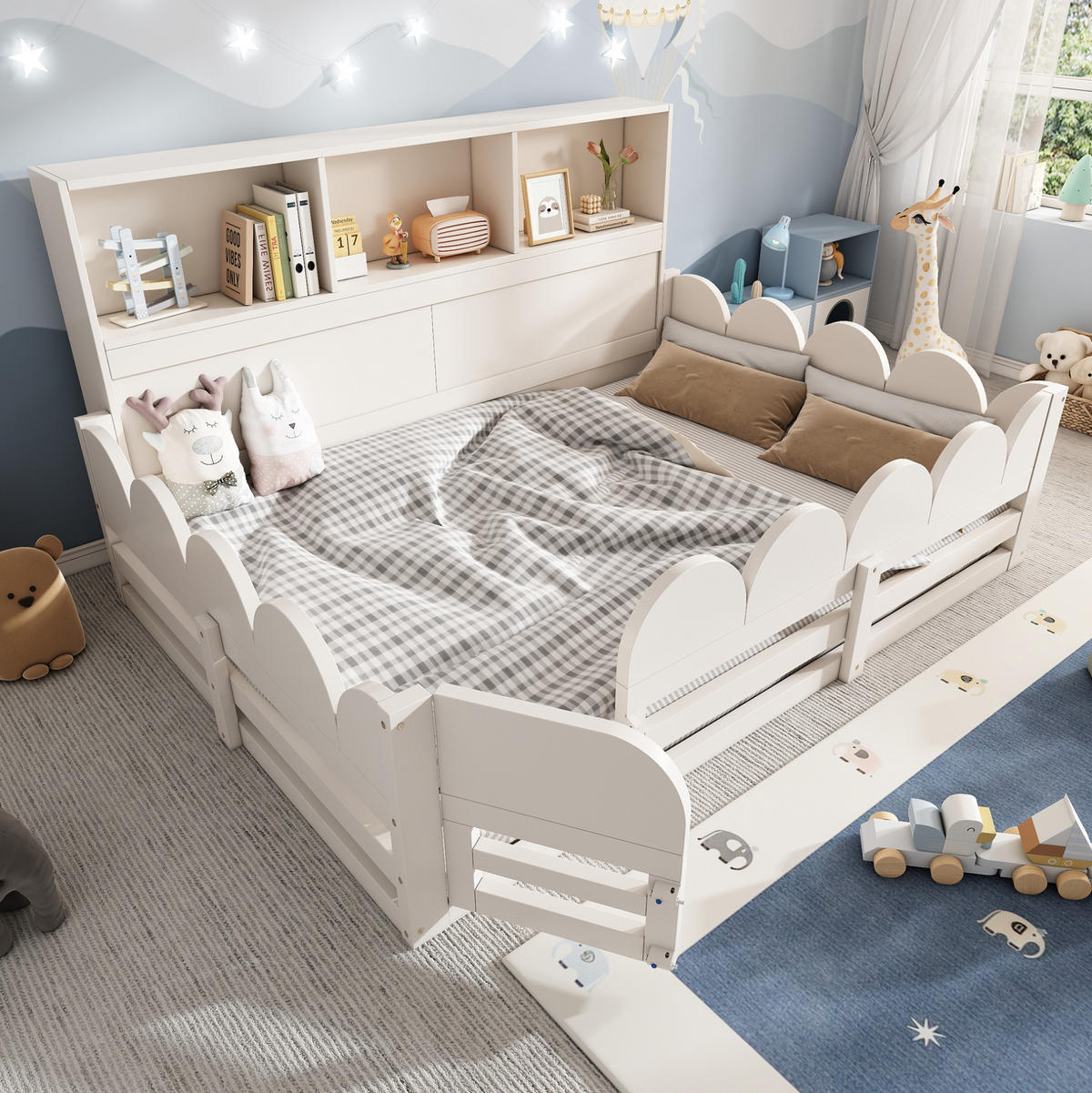 KINDERBODENBETT 140x190 cm in Weiß mit Rausfallschutz, Tür und Regal - Weiß, Holz (140/190cm) - IVMEU