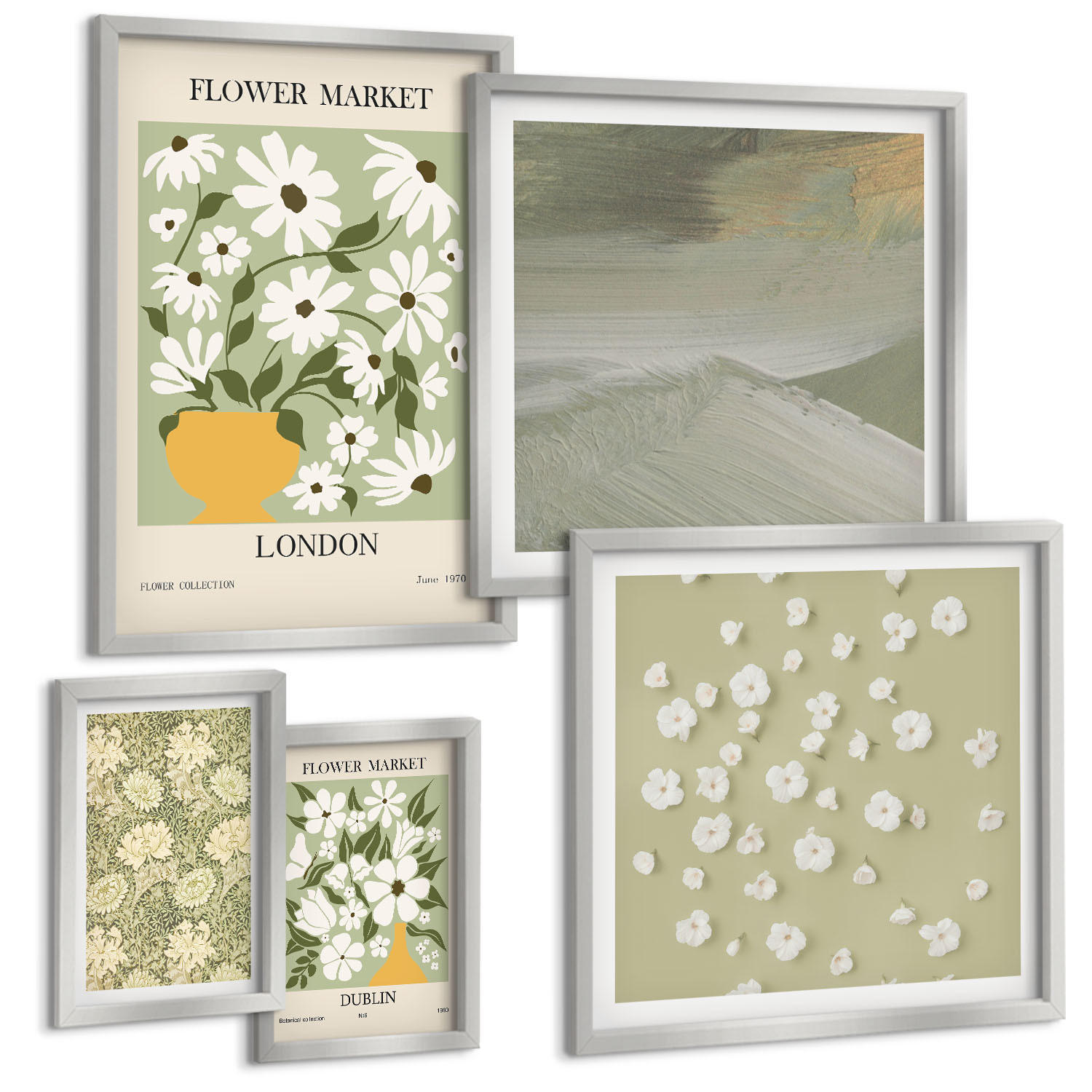 BILDER SET 5er Set - 50x50 cm & 20x30 cm & 40x60 cm Silberner Rahmen - Florale Abstraktionen im Boho-Stil - Silberfarben, Kunststoff (40/60cm) - TULUP