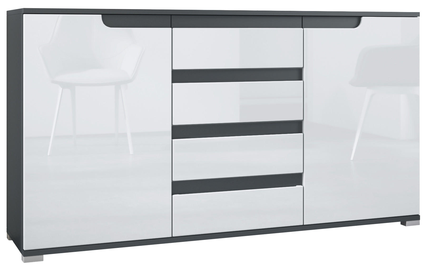 Vladon Sideboard Weiß Hochglanz, Anthrazit 138.5x75.5x35 cm