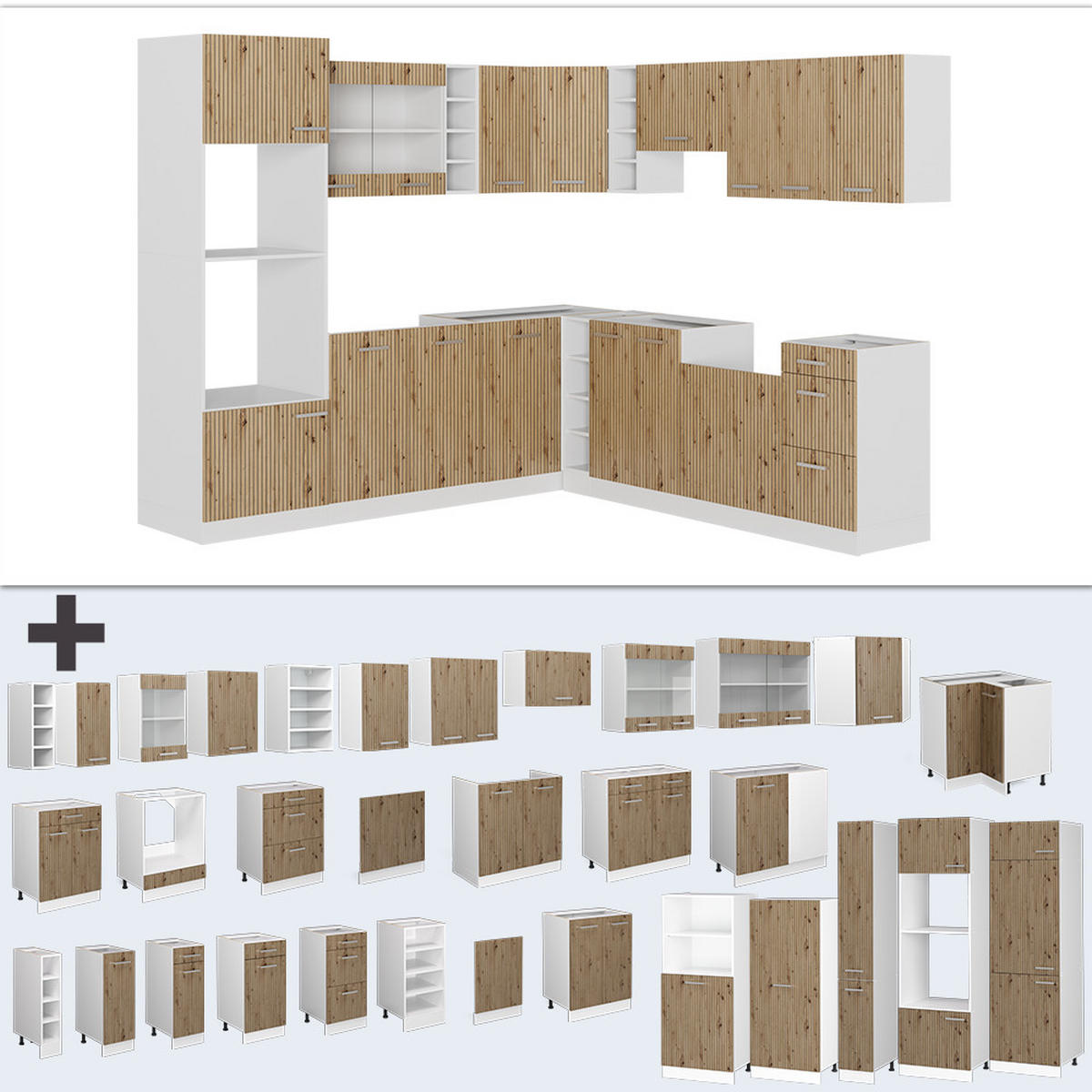 ECKKÜCHE R-Line Artisan Eiche/Weiß 237 x 247 cm, AP Eiche - Eiche Artisan/Weiß, Holzwerkstoff (247/81.6/60cm) - Vicco