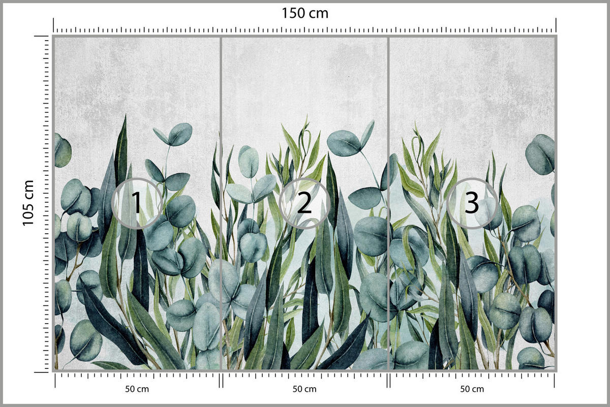 FOTOTAPETE für Schlafzimmer Beton Blätter Aquarell Natur Grün Eukalyptusblätter 150x105 - Grau/Grün, Papier (150/105cm) - Muralo