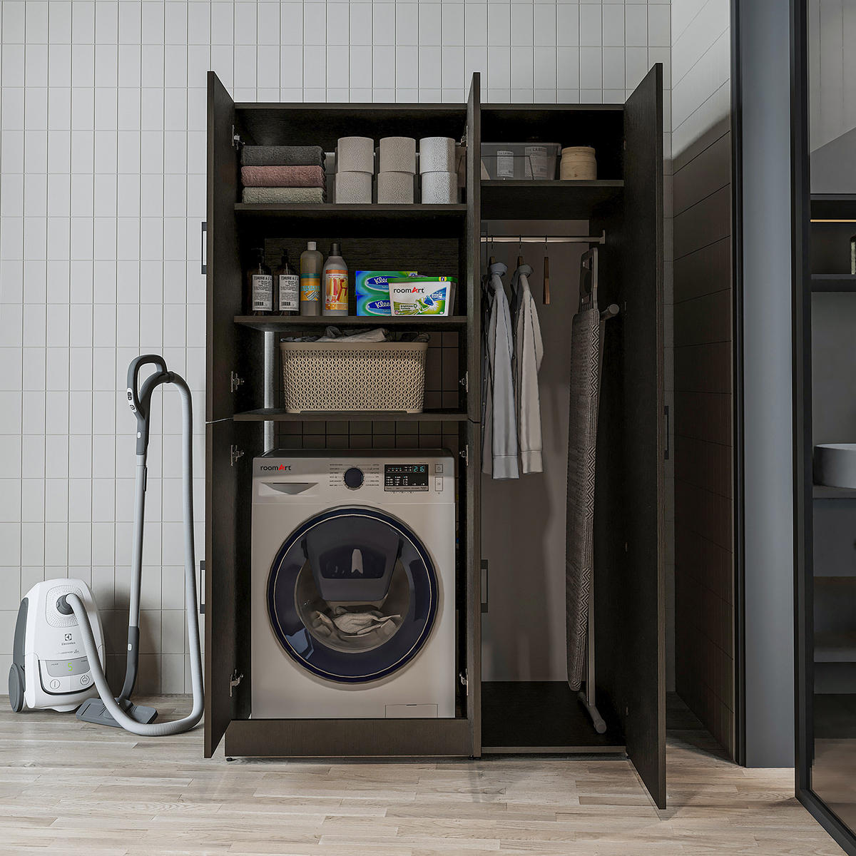 WASCHMASCHINENSCHRANK DORA-II 115cm Breit, 186cm Hoch - Schwarz, Holzwerkstoff (115/186/73.8cm)