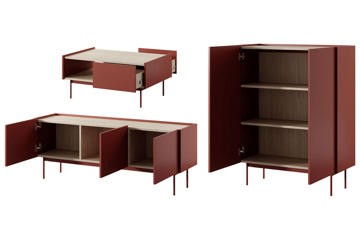 WOHNZIMMER-SET Color Keramikrot / Eiche Linea 3-teilig - Hellbraun/Rot, Holz/Holzwerkstoff (338/122/45cm) - Feldmann-Wohnen