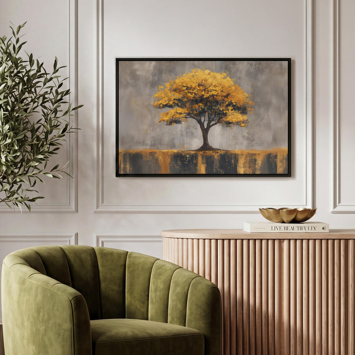 LEINWAND Bilder mit Rahmen - Baum - Blätter - Gold - Abstrakt - 60x40 - Grau, Textil (60/40cm) - MuchoWow