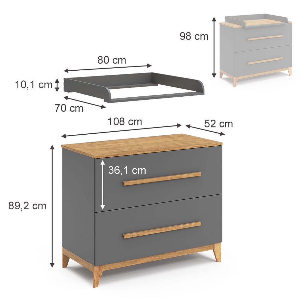 WICKELKOMMODE Malia Grau 108 x 98 cm mit 2 Schubladen - Grau, Holzwerkstoff (108/98/70cm) - VitaliSpa