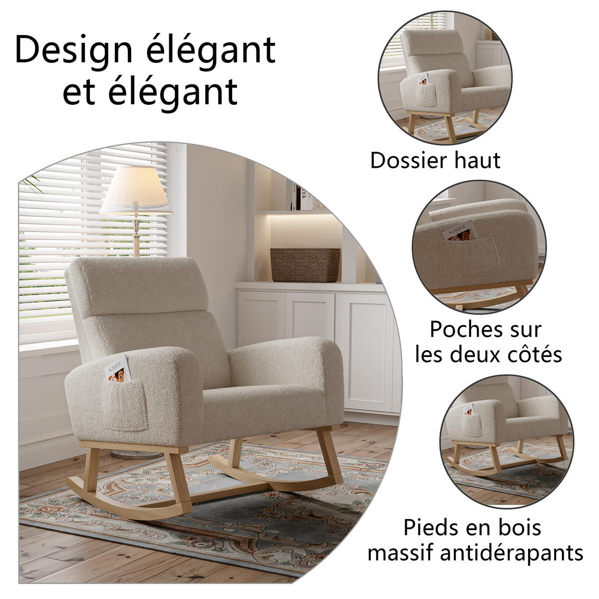 SCHAUKELSTUHL Holz Wollbezug Taschen Armlehne beige - Beige, Holz (78.5/87/69.2cm) - LEBENLANG