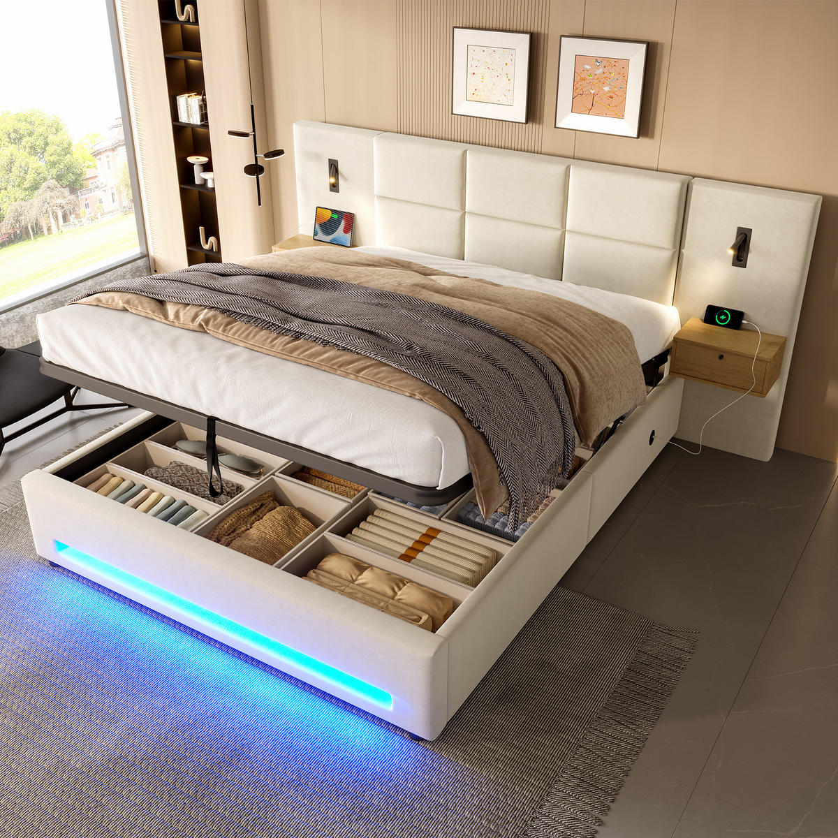 POLSTERBETT 180/200 cm in Beige Samt mit Bettkasten, Schubladen, LED und USB-C - Beige, Holzwerkstoff/Textil (180/200cm) - WISHDOR