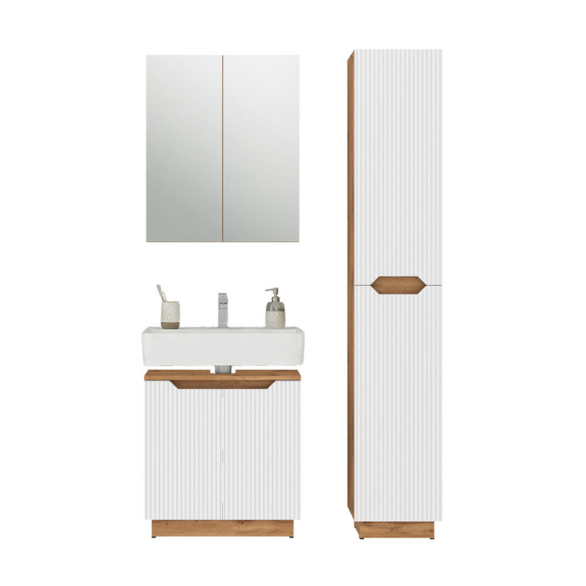 BADMÖBEL-SET Lotta Eiche/weiß gestreift 3 Teile - Eichefarben/Weiß, Holzwerkstoff (59.8/62.1/32cm) - Vicco