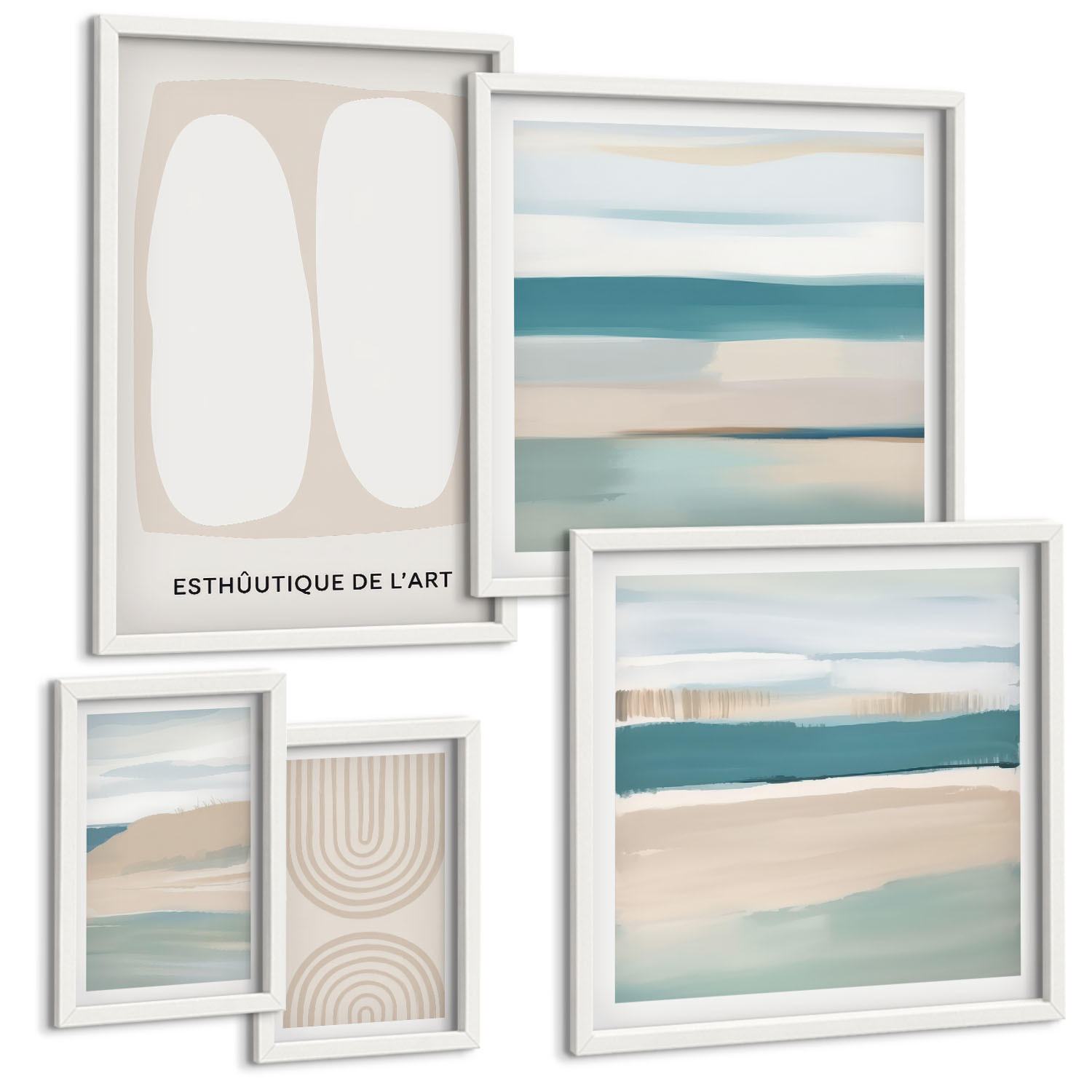 BILDER SET 5er Set - 50x50 cm & 20x30 cm & 40x60 cm Weißer Rahmen - Abstrakte blaue Landschaften - Weiß, Kunststoff (40/60cm) - TULUP