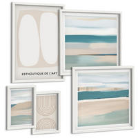 BILDER SET 5er Set - 50x50 cm & 20x30 cm & 40x60 cm Weißer Rahmen - Abstrakte blaue Landschaften - Weiß, Kunststoff (40/60cm) - TULUP