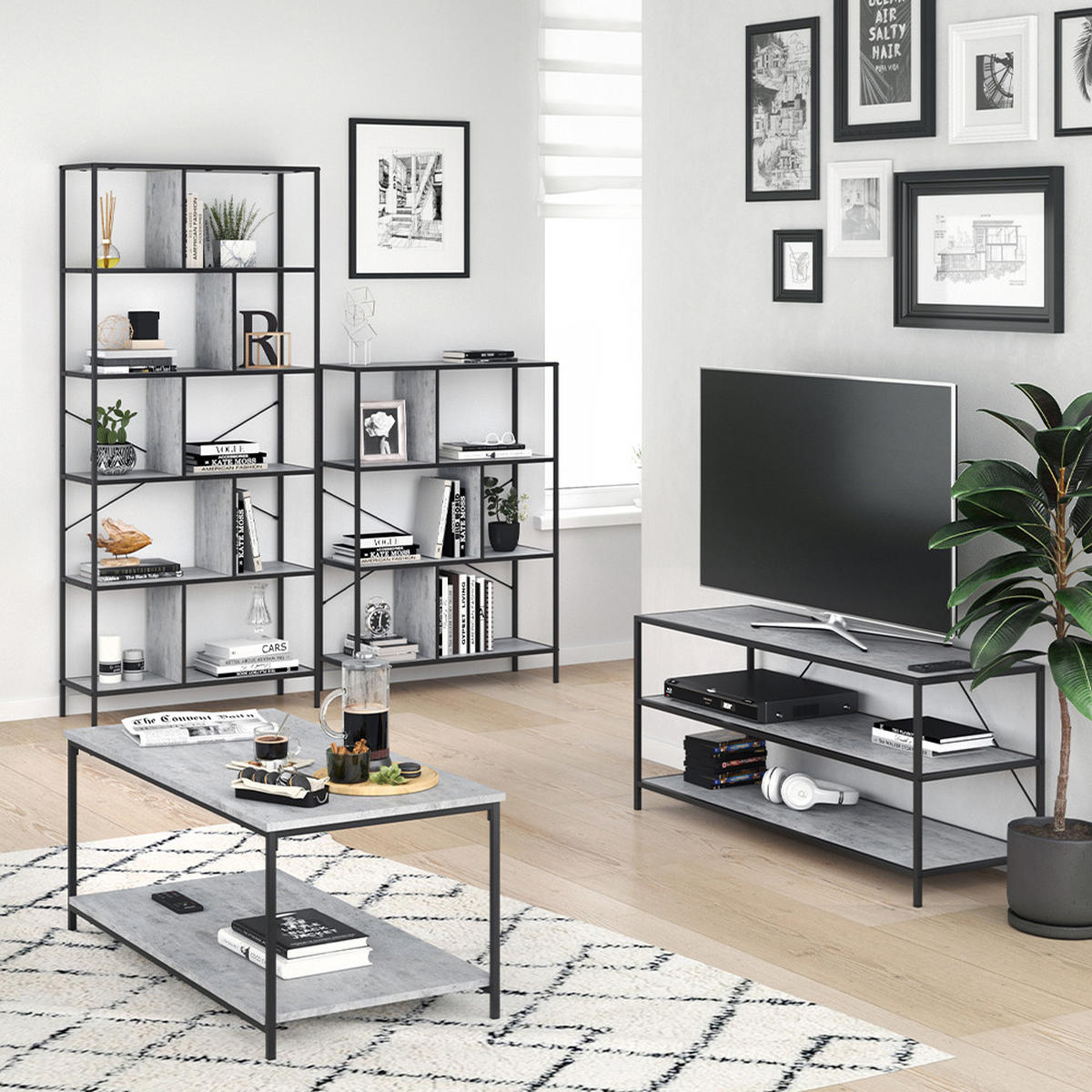 LOWBOARD Fyrk, Beton/Schwarz, 120 x 53 cm - Schwarz/Grau, Holzwerkstoff (120/53/39.5cm) - Vicco