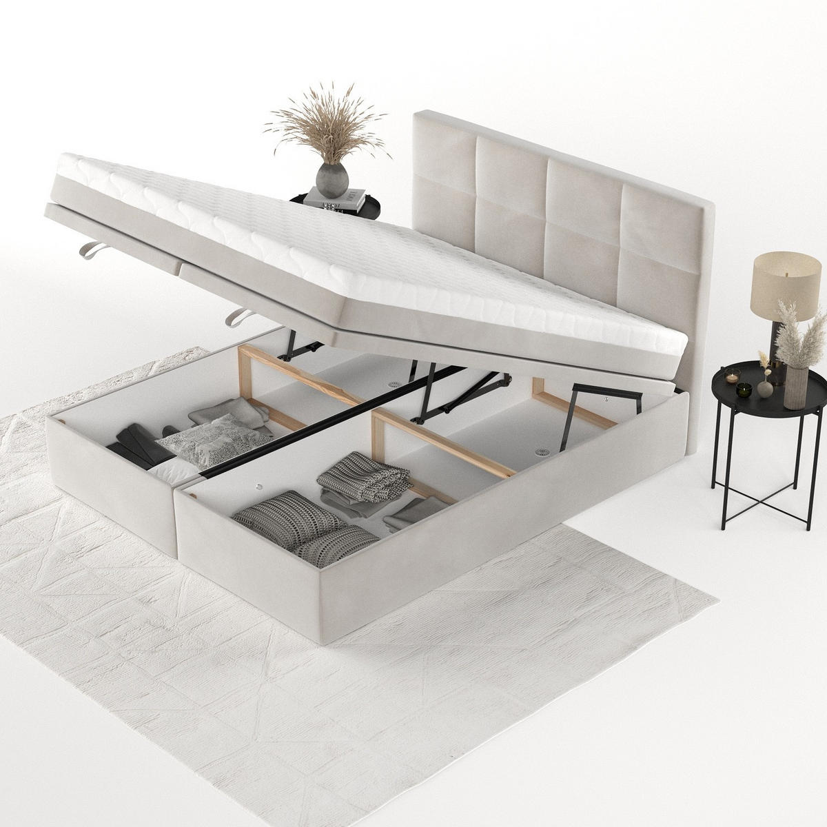 BOXBETT Tessa 140/200 cm Hellbeige im Paros Stoff - Beige/Schwarz, Holz/Holzwerkstoff (140/200cm) - AltaBeds