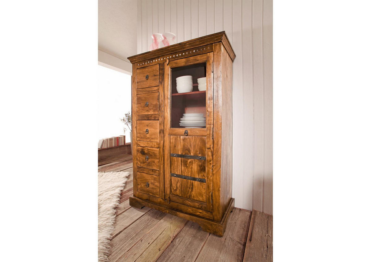 VITRINE Akazie 95x45x147 honig lackiert OXFORD #0417 - Braun, Holz (95/147/45cm) - Massivmoebel24