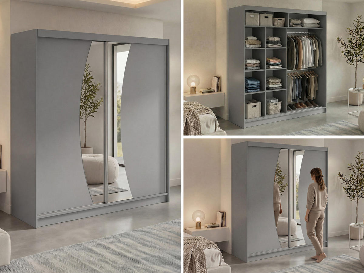 SCHWEBETÜRENSCHRANK 200 - VERONA - Grau mit Spiegel - Alufarben/Grau, Holzwerkstoff/Metall (200/216/61cm) - MKS