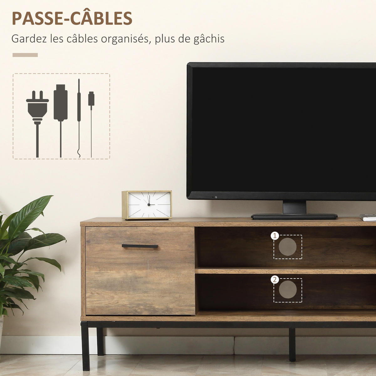 TV-BANK Braun/Schwarz 132/39/45,5 cm, 2 Schubladen, 1 Tür, Metallgestell - Braun, Holzwerkstoff (132/45.5/39cm) - PANGIVO
