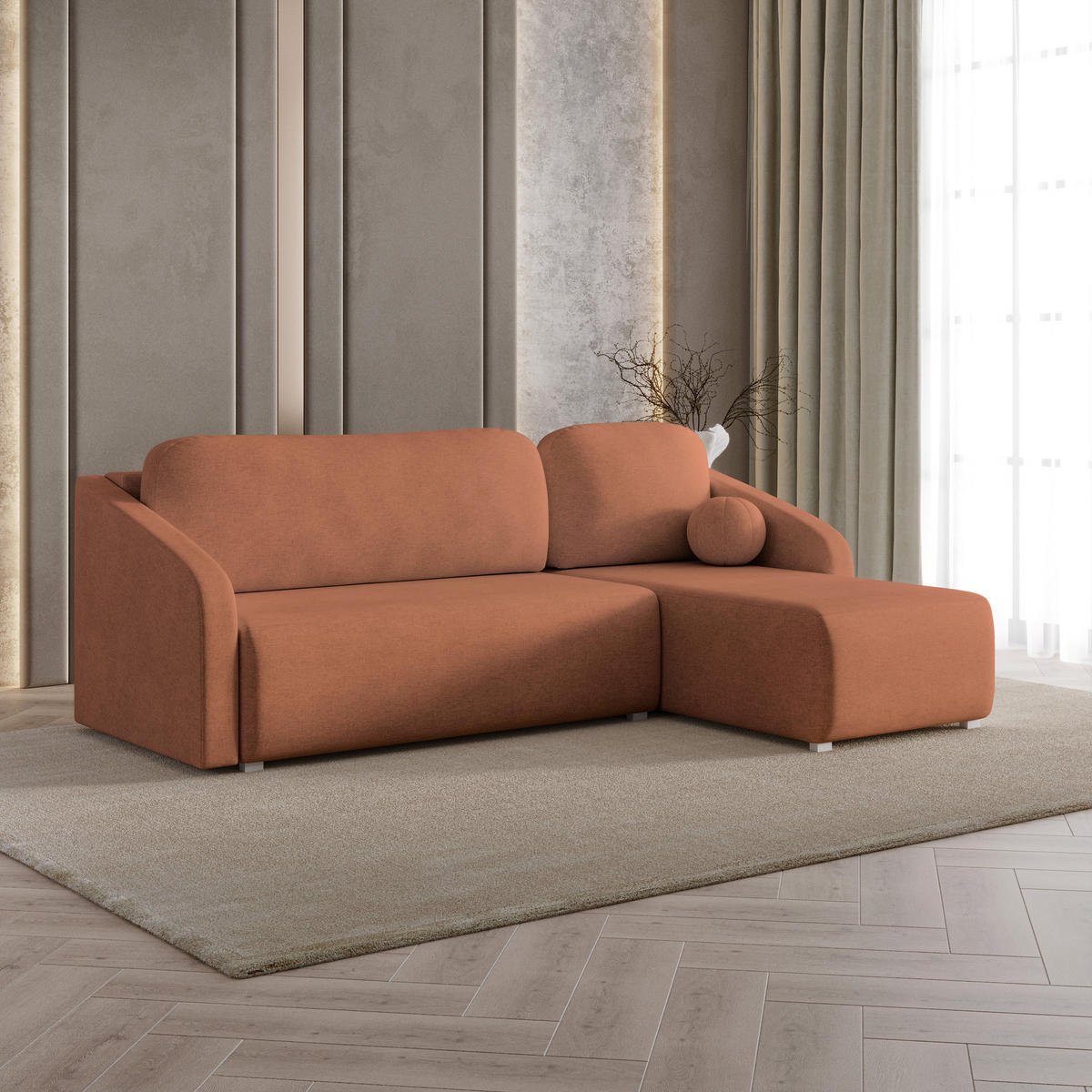 ECKSOFA MARELLO Kupferfarben Geflochtener Stoff mit Schlaffunktion - Kupferfarben, Holz (220/143cm) - MASSENO