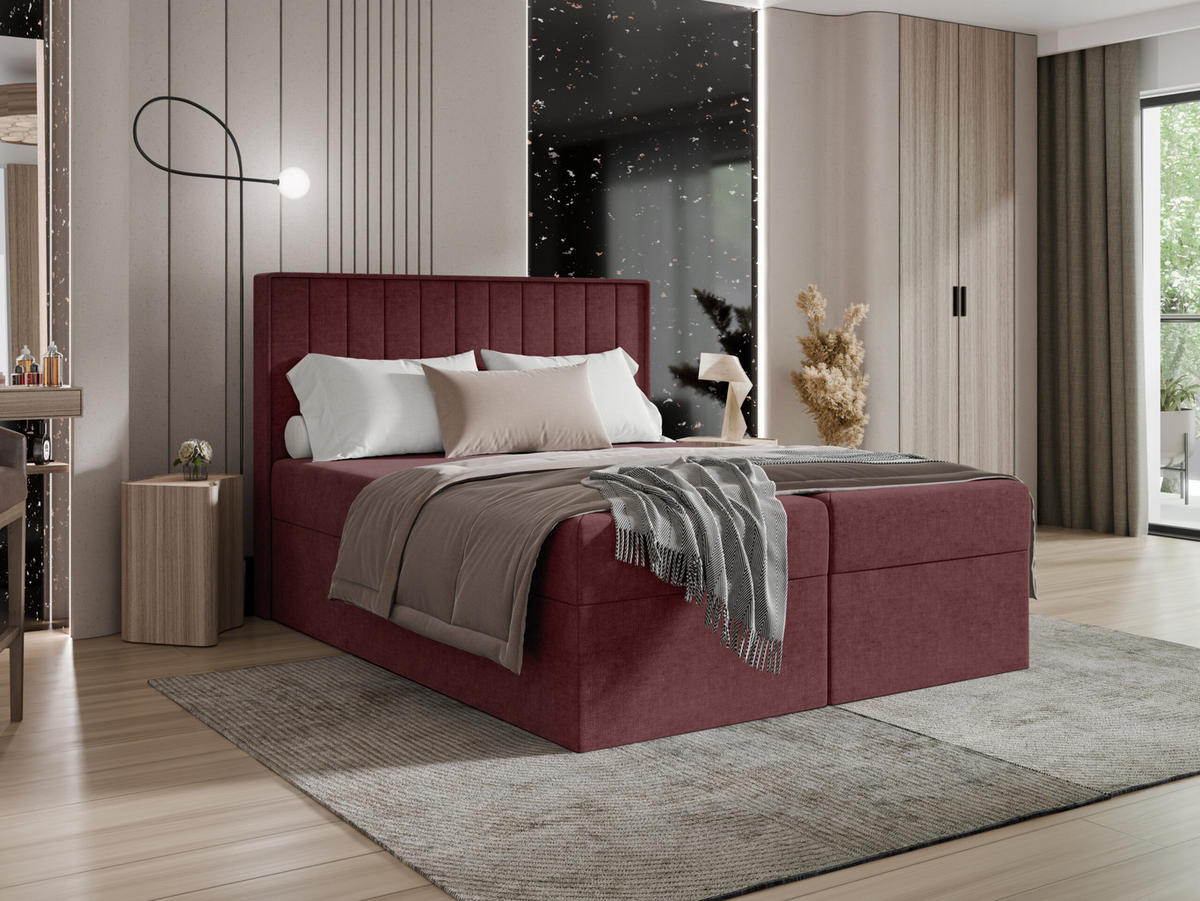 BOXBETT - Taschenmatratze + Topper 160x200 kastanienbraun Chenille - Bordeaux, Holz/Holzwerkstoff (160/200cm) - SIMKAM Furniture