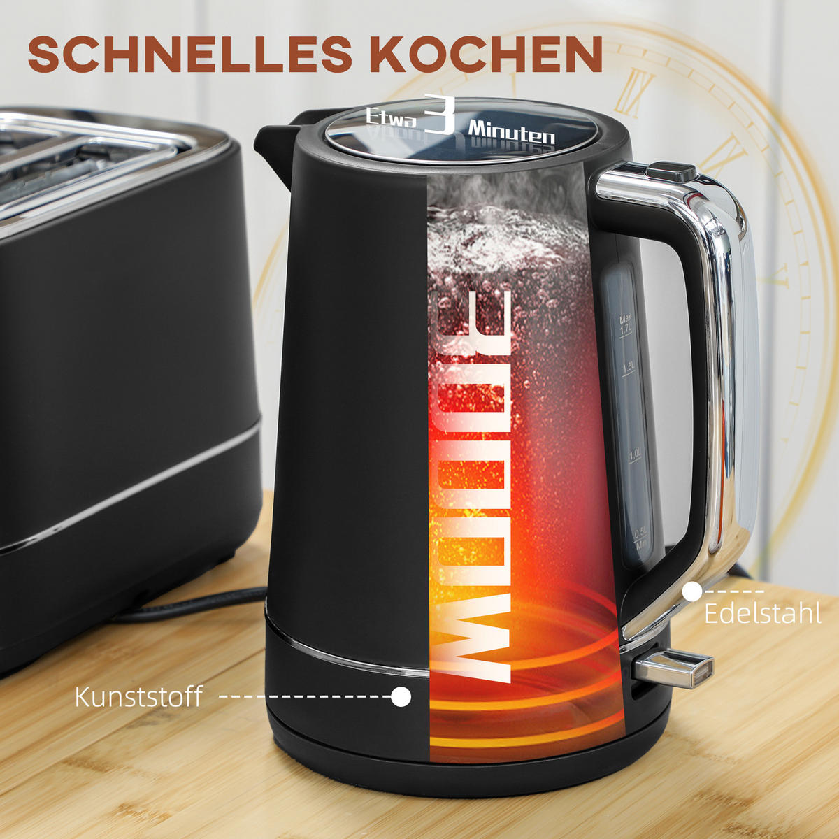 WASSERKOCHER + Toaster 2200W, 1,7L , 2-Scheiben-Toaster, 6 Bräunungsstufen, Schwarz - Schwarz, Kunststoff (21.2/24.3/16cm) - Beaface