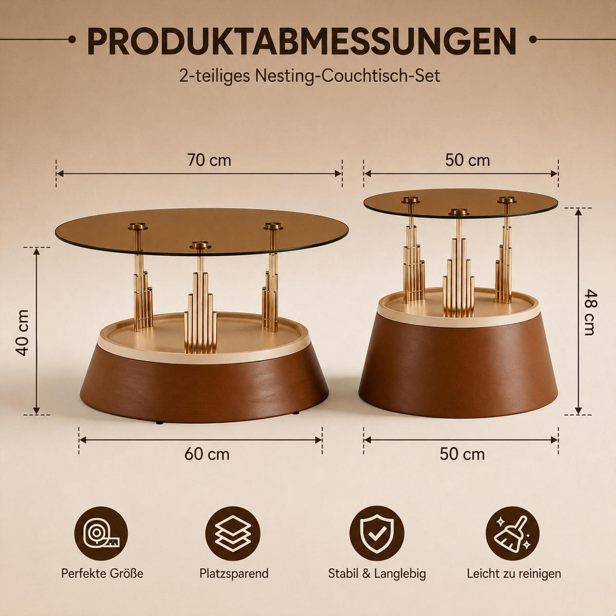 COUCHTISCH-SET DE-37352 2er-Set mit Glasplatte und Nesting-Design Braun - Braun, Metall (70/48/60cm) - ComfortXL