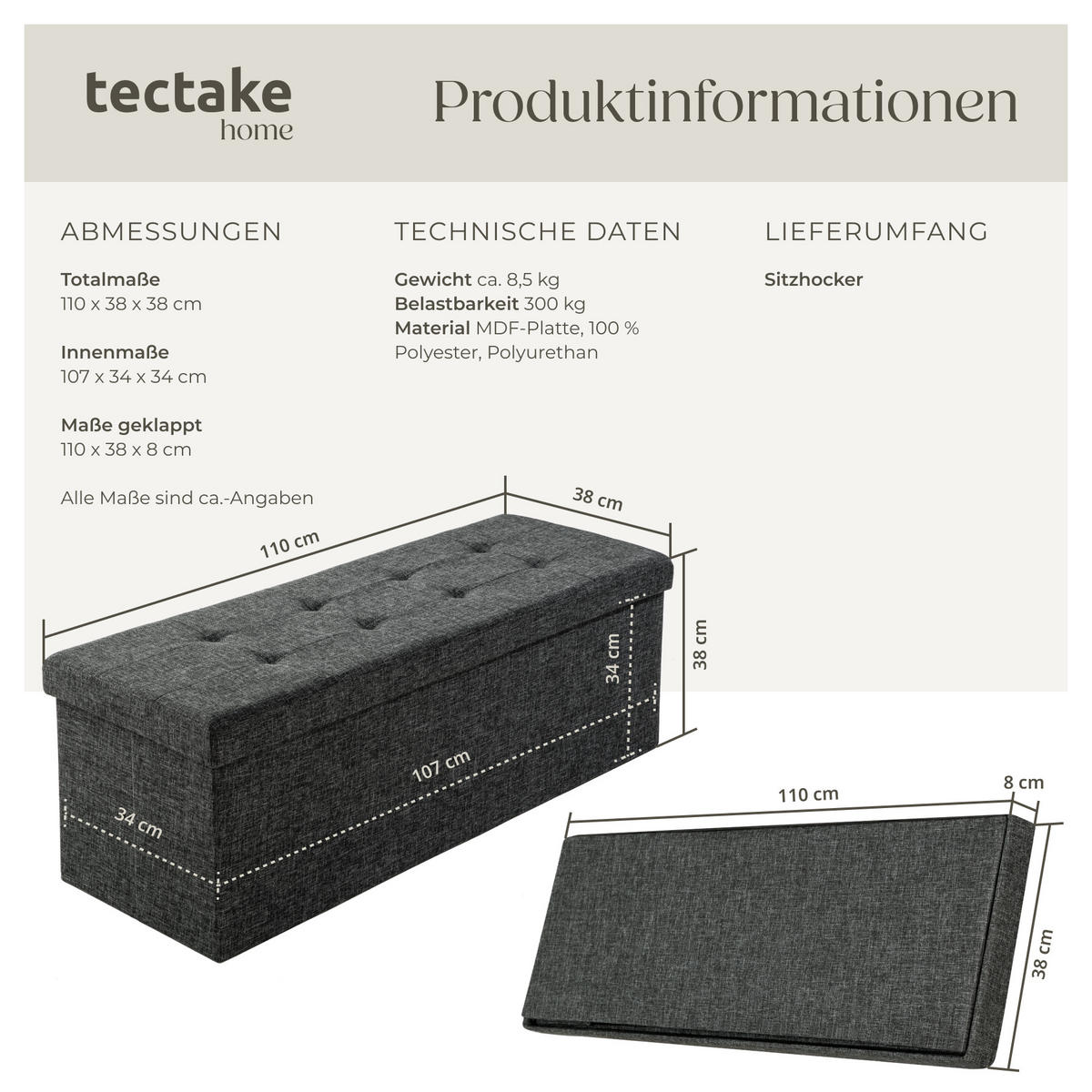 SITZHOCKER mit Stauraum, 110 x 38 x 38 cm,dunkelgrau - Dunkelgrau, Textil (38/38/110cm) - tectake