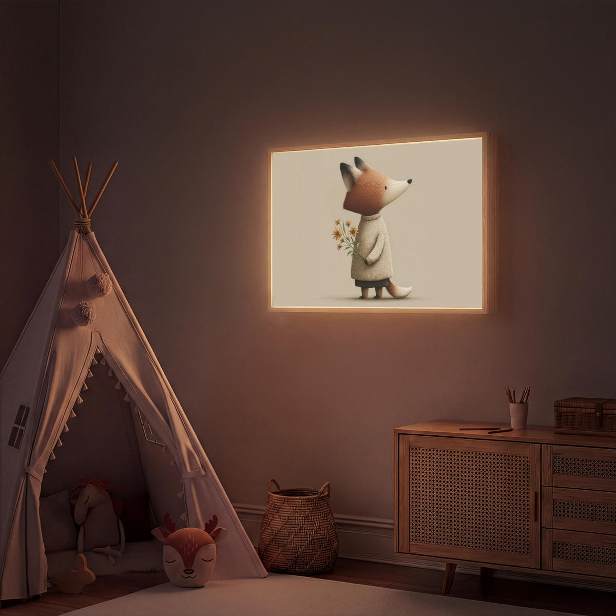 NACHTTISCHLAMPE MIT AKKU Fuchs - Gelbe Blumen - Minimalistisch 100x70 cm - Taupe, Holzwerkstoff (8/100/70cm) - OnlyWow