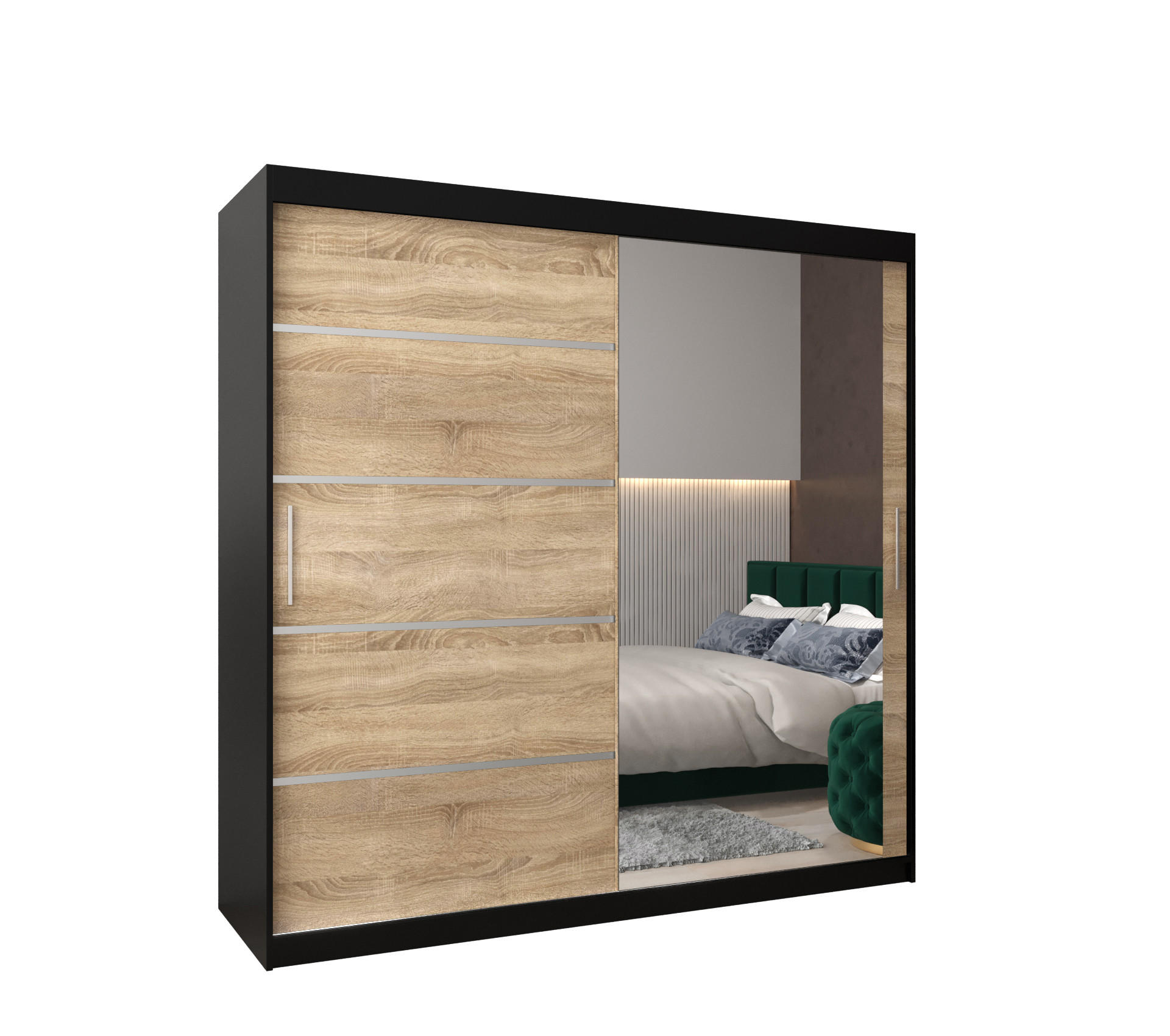 Abiks Möbel Schwebetürenschrank Schwarz, Sonoma Eiche, Silber 200x200x62 cm