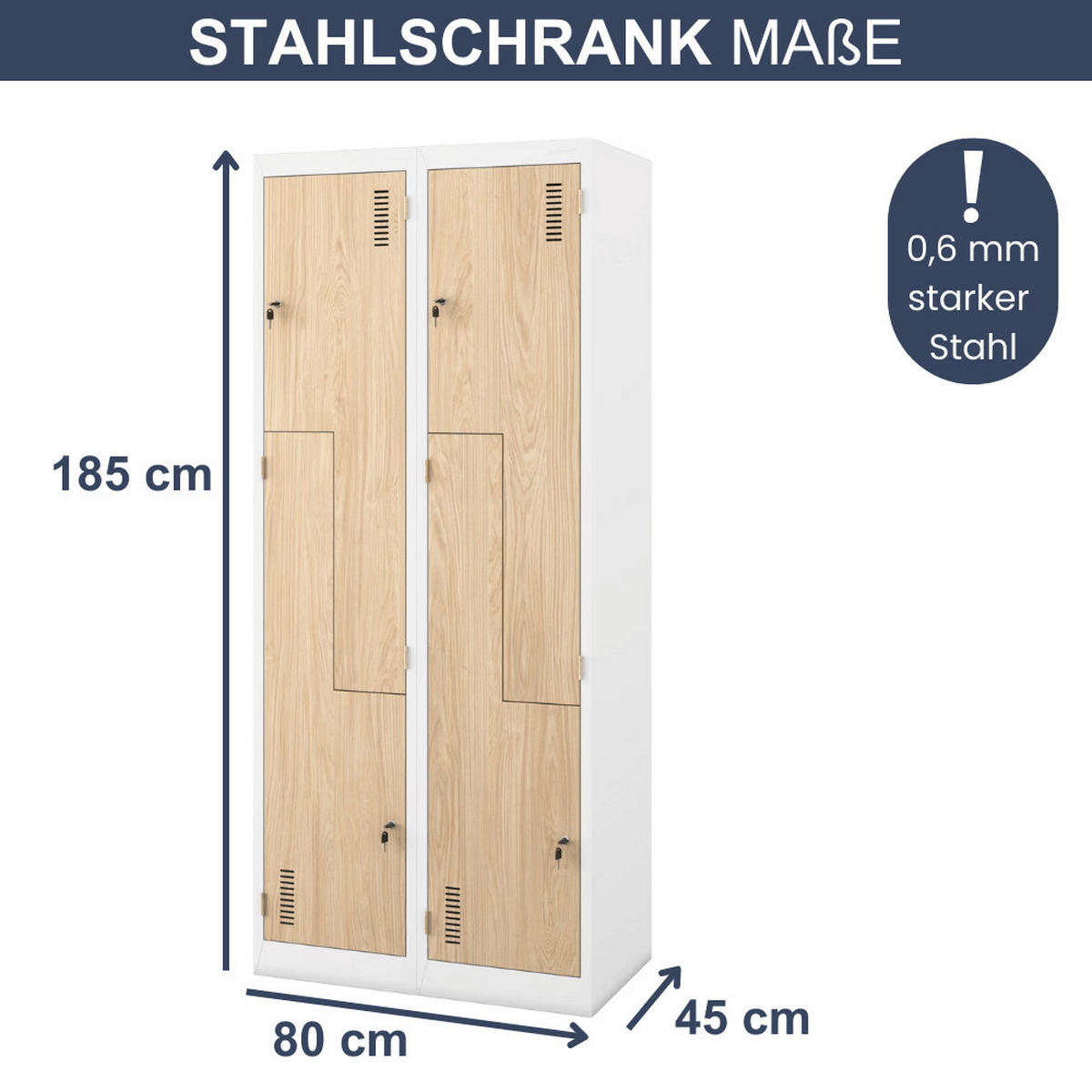 UMKLEIDESCHRANK Spind OSLO 4 Abteile 185x80x45cm Weiß-Sonoma Eiche - Weiß, Metall (80/185/45cm) - DELUKE