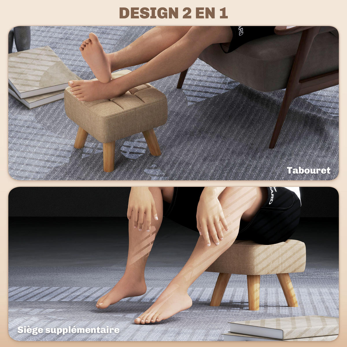 HOCKER DE-16390 gepolstert mit Holzbeinen Hellbraun - Braun, Textil (27/26/27cm) - ComfortXL