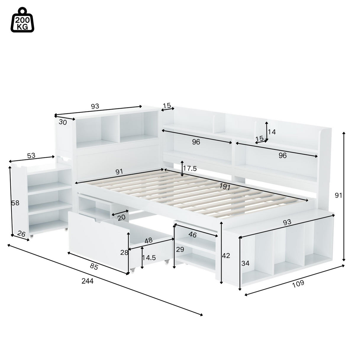 KINDERBETT aus Sperrholz 90x190 cm Weiß mit Schubladen, Regalen und viel Stauraum - Weiß, Holzwerkstoff (90/190cm) - Modfu