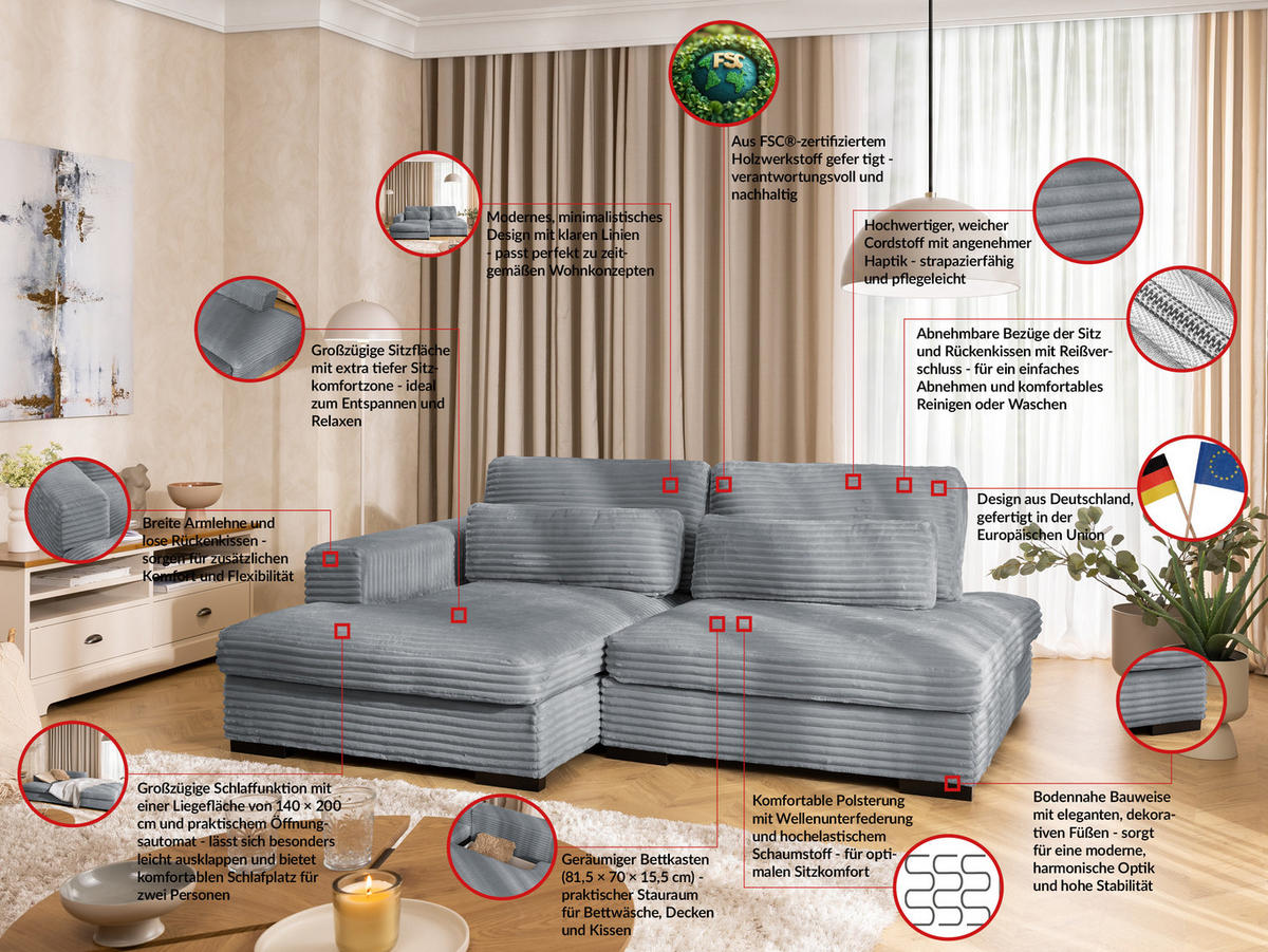 ECKSOFA Wolke mit tiefer Sitzfläche, Schlaffunktion und praktischem Bettkasten aus weichem Grau Cordstoff - Schwarz/Grau, Holz/Kunststoff (162/225cm) - S-Style