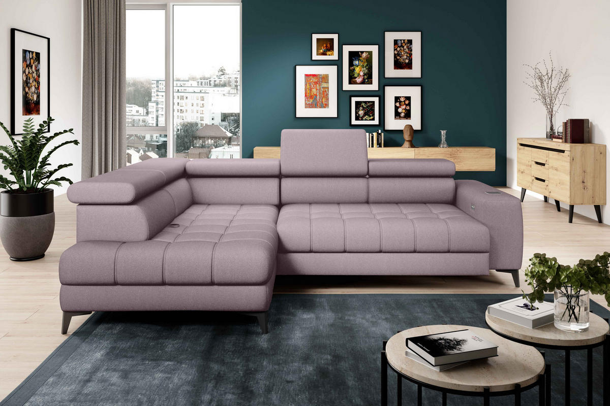 ECKSOFA BAGGIO Letto Stoff, Schlaffunktion, Bettkasten, Sitztiefe, Kopfstützen 280x196cm – Links – Puderrosa - Hellrosa, Holz/Textil (196/280cm) - DomoHome