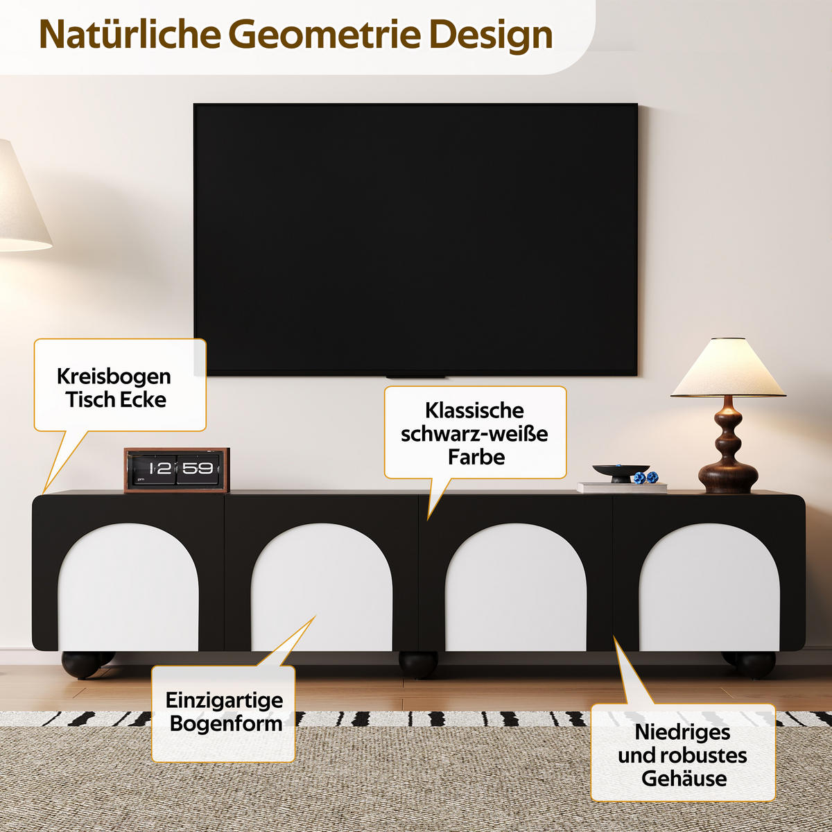 LOWBOARD in Schwarz und Weiß TV-Schrank mit Schubladen für Wohnzimmer, B180/T38/H45 cm - Schwarz/Weiß, Holzwerkstoff/Metall (180/45/38cm) - STILVORA
