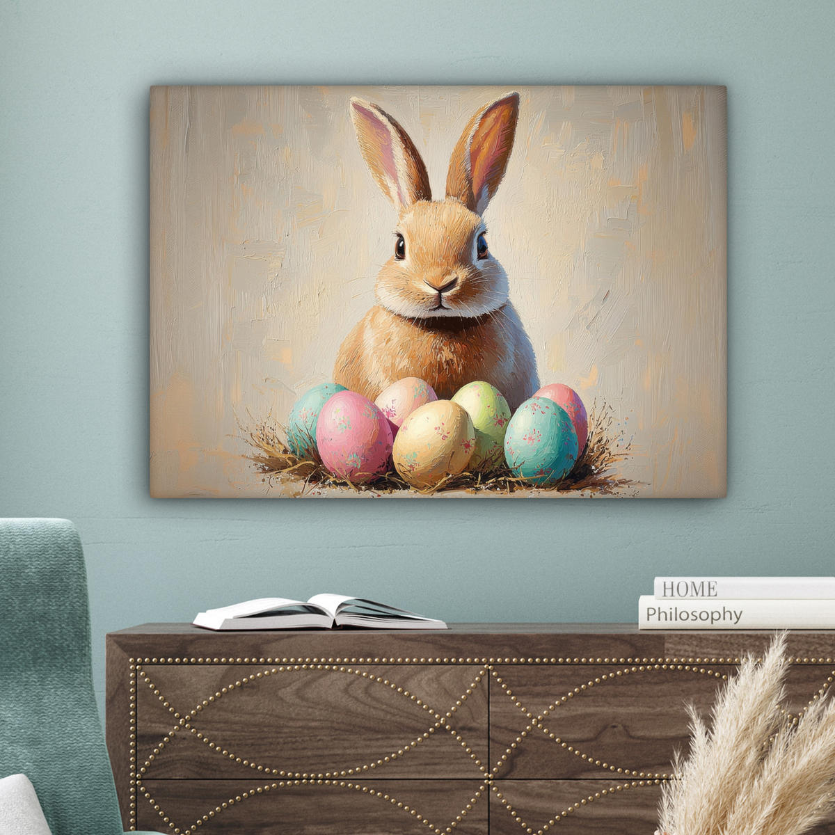 LEINWANDBILD Osterhase - Pastell - Eier Wandbilder 80x60 cm - Beige, Textil (80/60cm) - MuchoWow
