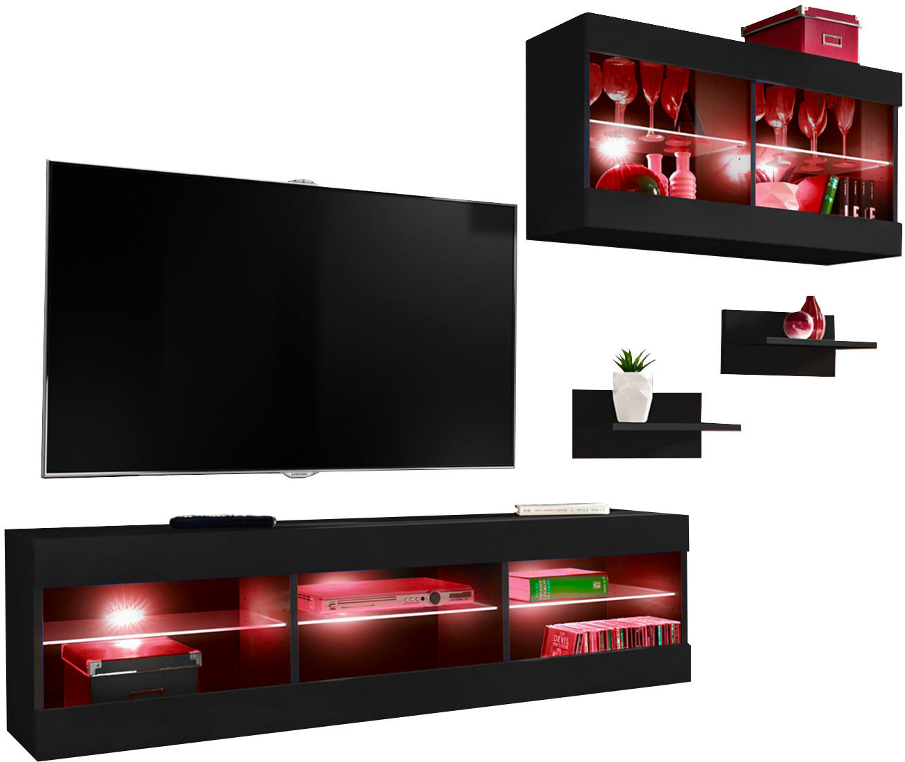 WOHNWAND 4-er Set, TIVOLI SET3 mit mehrfarbige LED RGB Beleuchtung Schwarz + Schwarz, Offener Raum - Eiche Wotan/Schwarz, Glas/Holzwerkstoff (240/195/35cm) - Komodee