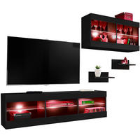 WOHNWAND 4-er Set, TIVOLI SET3 mit mehrfarbige LED RGB Beleuchtung Schwarz + Schwarz, Offener Raum - Eiche Wotan/Schwarz, Glas/Holzwerkstoff (240/195/35cm) - Komodee