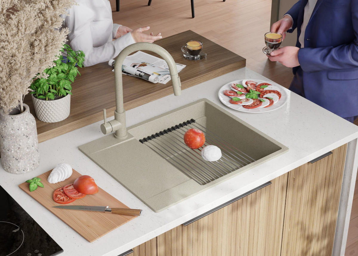 GRANITSPÜLE San Francisco, 2-er set Beige 62/50 cm 1 Becken + Küchenarmatur 38/14 cm + Ablauf-Set + Aufrollbare Abtropffläche ab 50er Unterschrank - Chromfarben/Beige, Kunststoff (62/20/50cm) - Primagran