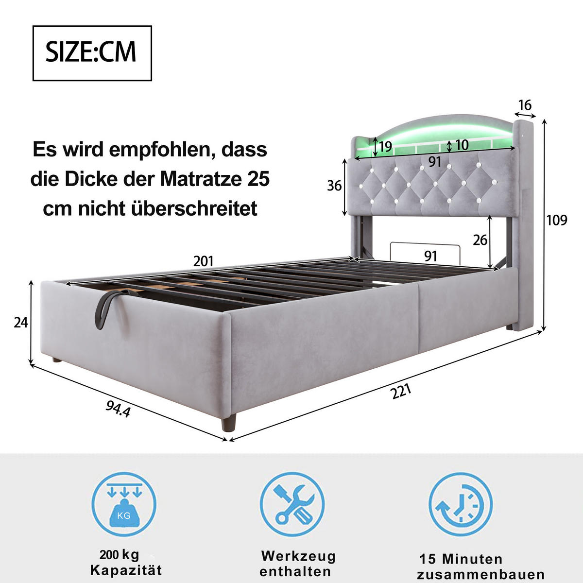 KINDERBETT mit Stauraum 90x200 cm Samt Grau mit LED und USB - Grau, Metall (90/200cm) - Meubliv