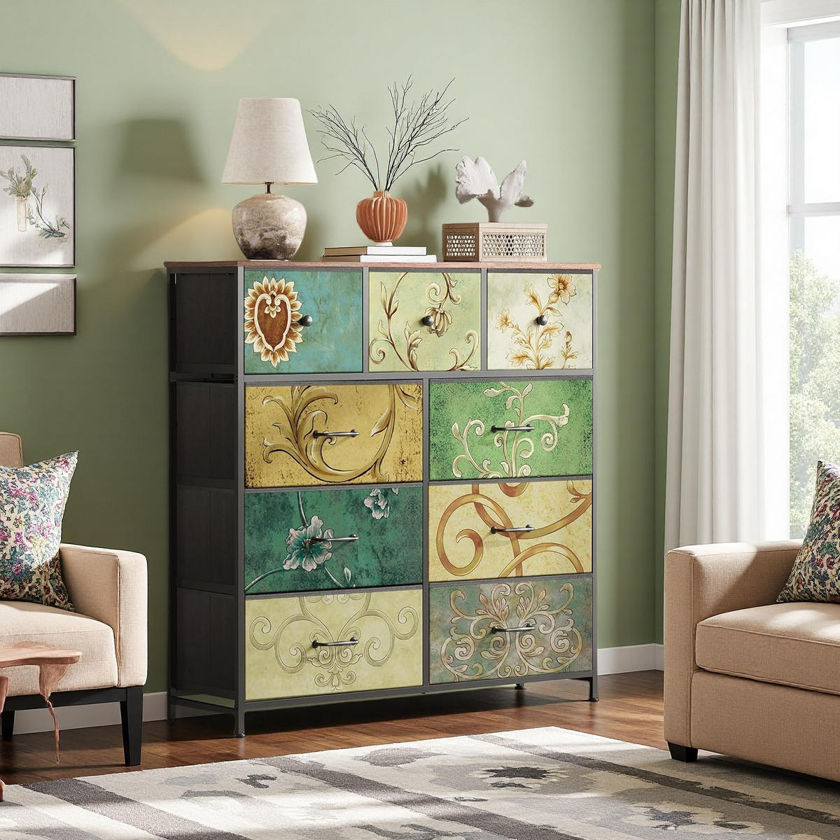 KOMMODE 9 Schubladen Metallrahmen Holzplatte Industriestil multicolor - Multicolor, Holz (30/100/100cm) - Fortuna Lai