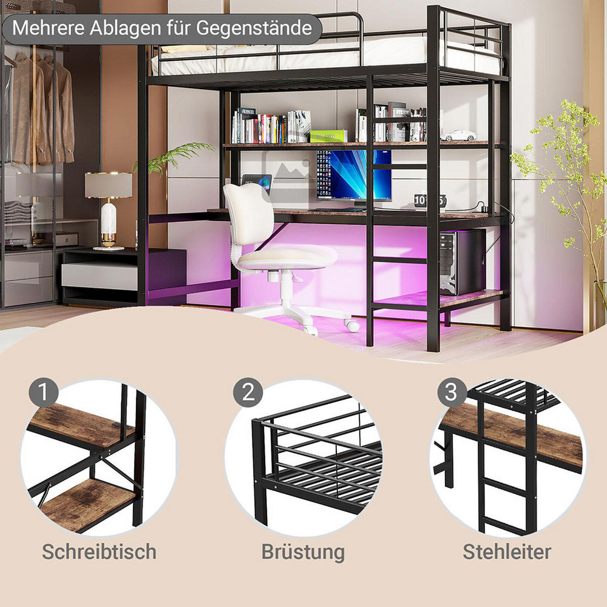 HOCHBETT 90x200cm mit usb und Steckdose, Metall, schwarz - Schwarz, Metall (90/200cm) - KOMHTOM