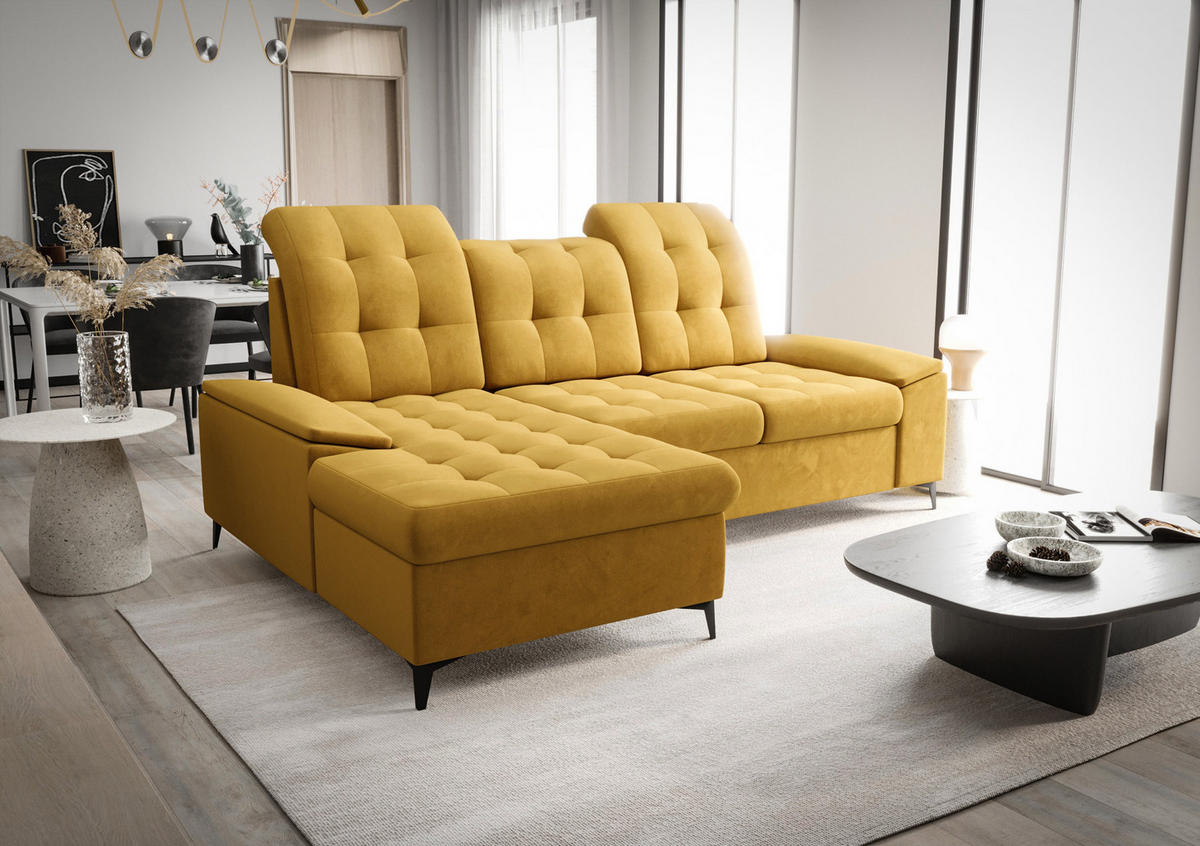 ECKSOFA KONGO RBN18, Eckcouch in L-Form mit Schlaffunktion, Farbe: Gelb, Velourstoff, Ottomane Links - Gelb, Textil (257/172cm) - O-Sofa